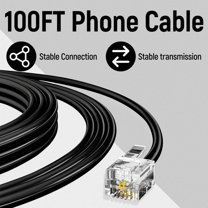 Uvital كابل خط تمديد الهاتف، 100 قدم أسود طويل، كابل هاتف RJ11 6P4C للخط الأرضي/آلة الفاكس/المنزل/المكتب - Image 2